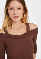 Bayan Kahverengi V Yaka Dantel Detaylı Triko