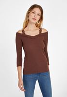 Bayan Kahverengi V Yaka Dantel Detaylı Triko