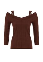 Bayan Kahverengi V Yaka Dantel Detaylı Triko