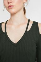 Bayan Yeşil Cut-Out Detaylı Uzun Kollu Bluz