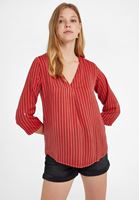 Bayan Kırmızı V Yaka Desenli Bluz 