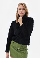 Bayan Siyah Boğazlı Tüy Detaylı Triko