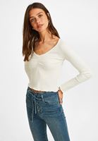Bayan Krem Yaka Detaylı Kısa Bluz