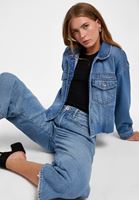 Bayan Mavi Crop Denim Ceket