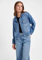 Bayan Mavi Crop Denim Ceket