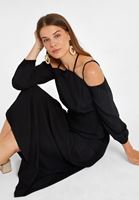 Bayan Siyah Omuz Detaylı Uzun Elbise