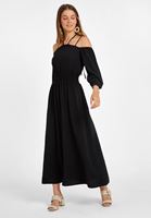 Bayan Siyah Omuz Detaylı Uzun Elbise