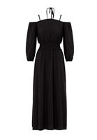 Bayan Siyah Omuz Detaylı Uzun Elbise