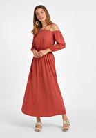 Bayan Kiremit Omuz Detaylı Uzun Elbise