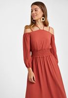 Bayan Kiremit Omuz Detaylı Uzun Elbise