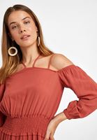 Bayan Kiremit Omuz Detaylı Uzun Elbise