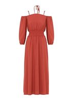 Bayan Kiremit Omuz Detaylı Uzun Elbise