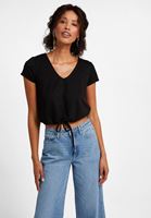 Bayan Siyah Bağlama Detaylı V Yaka Tişört