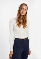 Bayan Krem Fermuar Detaylı  Kapüşonlu Hırka