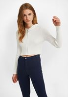 Bayan Krem Fermuar Detaylı  Kapüşonlu Hırka