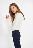 Bayan Krem Fermuar Detaylı  Kapüşonlu Hırka