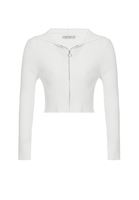 Bayan Krem Fermuar Detaylı  Kapüşonlu Hırka