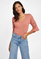 Bayan Pembe V Yaka Kolları Dantel Detaylı Bluz