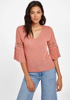 Bayan Pembe V Yaka Kolları Dantel Detaylı Bluz