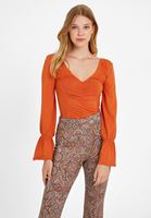 Bayan Turuncu Büzgü Detaylı V Yaka Bluz