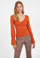 Bayan Turuncu Büzgü Detaylı V Yaka Bluz