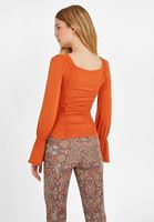 Bayan Turuncu Büzgü Detaylı V Yaka Bluz