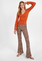 Bayan Turuncu Büzgü Detaylı V Yaka Bluz