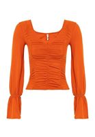 Bayan Turuncu Büzgü Detaylı V Yaka Bluz