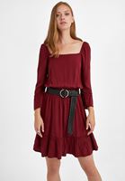 Bayan Bordo Beli Büzgülü Mini Elbise