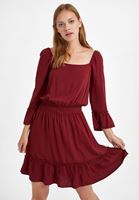Bayan Bordo Beli Büzgülü Mini Elbise