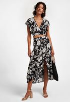 Bayan Siyah Çiçek Desenli Midi Etek