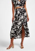 Bayan Siyah Çiçek Desenli Midi Etek