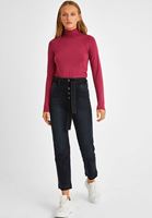 Bayan Pembe Yüksek Yaka Uzun Kollu Bluz