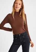 Bayan Kahverengi Yüksek Yaka Uzun Kollu Bluz