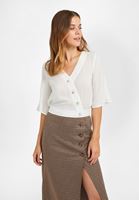 Bayan Krem Düğme Detaylı V Yaka Gömlek