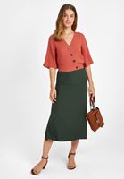 Bayan Kiremit Düğme Detaylı V Yaka Gömlek