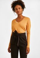 Bayan Bej V Yaka Uzun Kollu Tişört