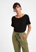 Bayan Siyah Sıfır Yaka Kolları Fırfırlı Tişört ( MODAL )