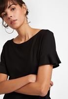 Bayan Siyah Sıfır Yaka Kolları Fırfırlı Tişört ( MODAL )