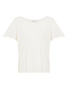 Bayan Krem Sıfır Yaka Kolları Fırfırlı Tişört ( MODAL )