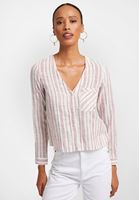 Bayan Çok Renkli V Yaka Çizgili Gömlek