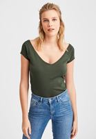 Bayan Yeşil Biye Detaylı V Yaka Tişört