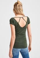 Bayan Yeşil Biye Detaylı V Yaka Tişört
