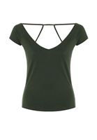 Bayan Yeşil Biye Detaylı V Yaka Tişört