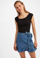 Bayan Mavi Fırfır Detaylı Denim Etek