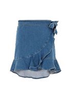 Bayan Mavi Fırfır Detaylı Denim Etek