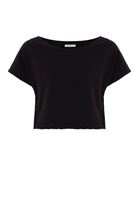 Bayan Siyah Kayık Yaka Kısa Sweatshirt