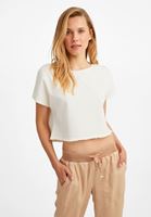 Bayan Krem Kayık Yaka Kısa Sweatshirt