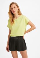 Bayan Sarı Kayık Yaka Kısa Sweatshirt