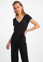 Bayan Siyah V Yaka Yumuşak Dokulu Tulum